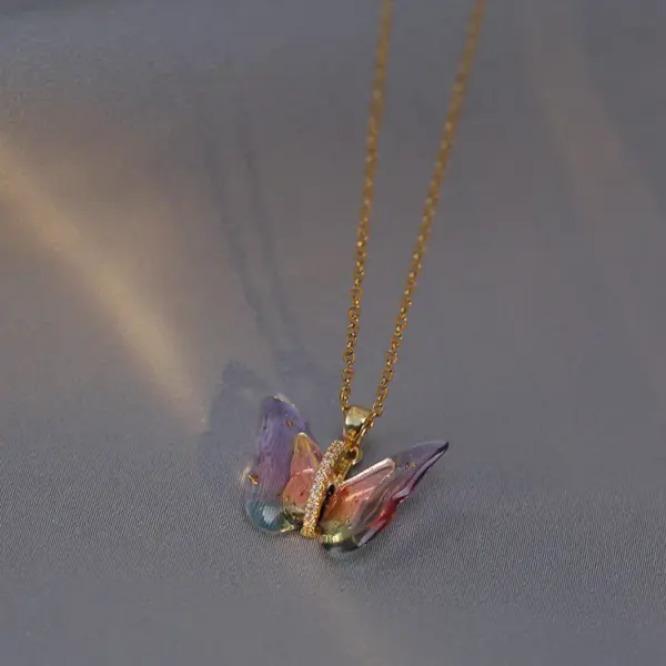 Wholesale Sweet Butterfly Titanium Steel Inlay Zircon Pendants Pendant Necklace