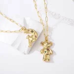 Wholesale Fashion Cute Bear Moon Pendant Plating 18k Gold Micro Inlaid Zircon Copper Necklace