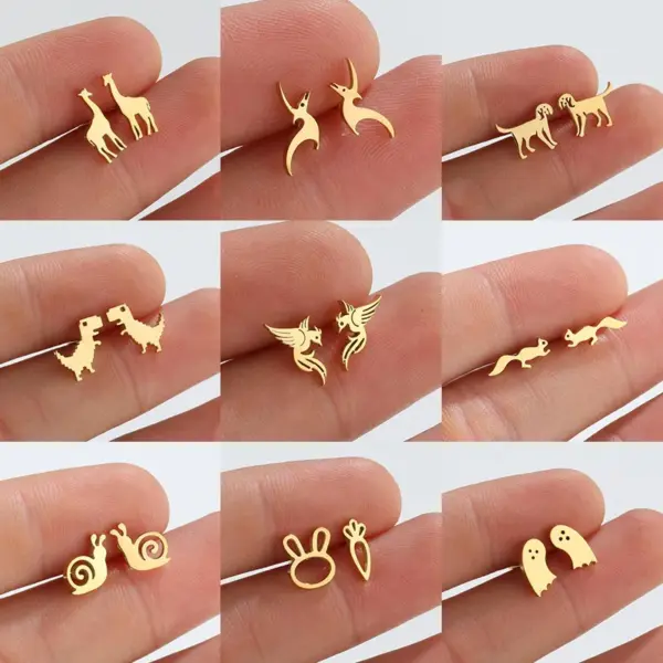 Wholesale PVD Coated 18K Gold Real Gold Plated Dog Dinosaur Giraffe 304 Stainless Steel Fashion Waterproof Non Tarnish Ear Studs