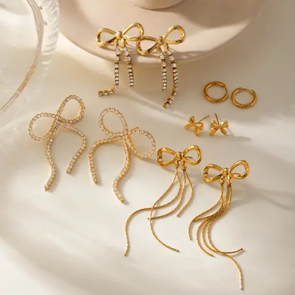 Wholesale 304 Stainless Steel Tassel Bow Knot PVD Coated Rhinestones 18K Real Gold Plated Real Gold Plated 18K Gold Vacation Simple Style IG Style Waterproof Non Tarnish Inlay Gold Drop Earrings