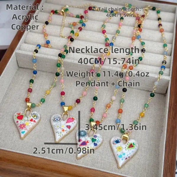 Wholesale Jewelry Artistic Heart Shape Copper 18K Gold Plated Asymmetrical Printing Pendant Necklace Beaded Chain