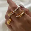 304 Stainless Steel Double Ring PVD Coated Real Gold Plated Elegant Simple Style Waterproof Non Tarnish Layered Mixed Metal Rings