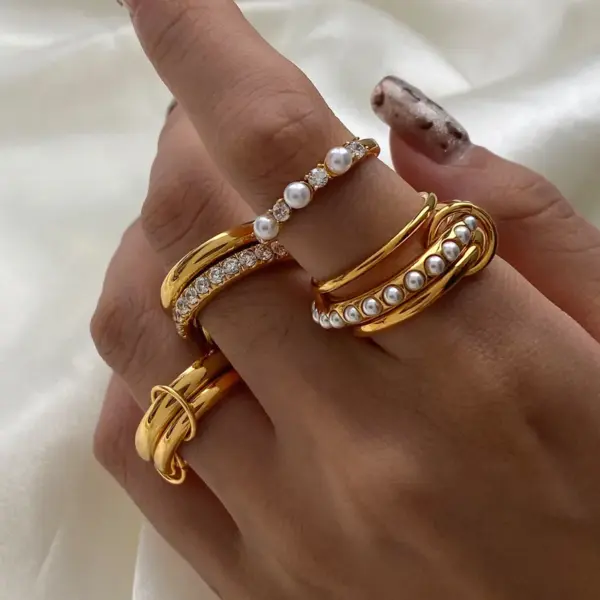304 Stainless Steel Double Ring PVD Coated Real Gold Plated Elegant Simple Style Waterproof Non Tarnish Layered Mixed Metal Rings