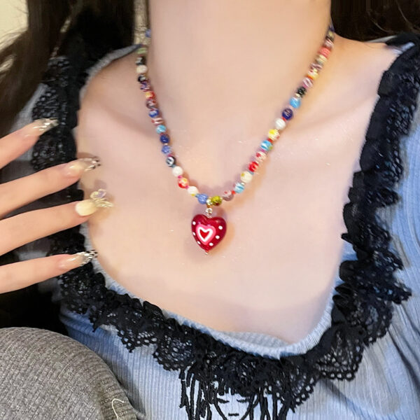Wholesale Song Yanfei's Same Dopamine Colorful Beaded Necklace Red Heart Pendant for Women Summer Clavicle Chain Necklace Feel