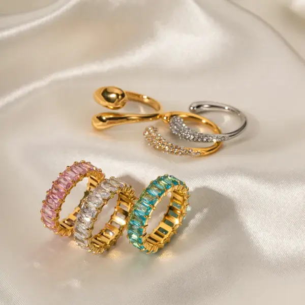 Wholesale Jewelry INS Style Shiny Round 304 Stainless Steel Zircon PVD Coated Plating Inlay Rings