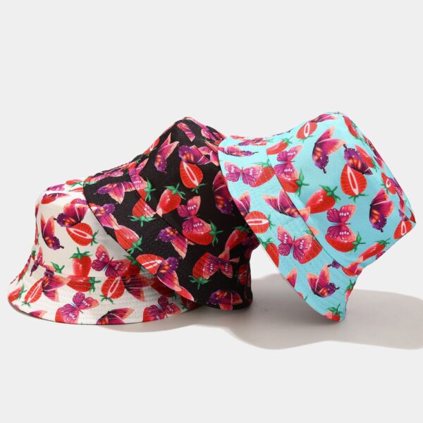 Wholesale Amazon Creative New Strawberry Butterfly Pattern Double-sided Fisherman Hat Women's Fashionable Outdoor Sunshade Basin Hat Foldable