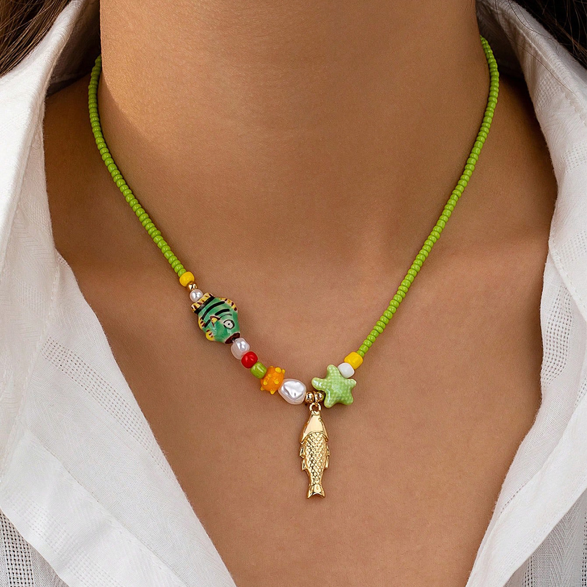 Wholesale Bohemian Glass Bead Fish and Starfish Pendant Necklace