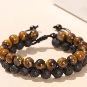 1a Natural Yellow Tiger's Eye Volcanic Rock Woven Double Layer Bracelet / 8mm