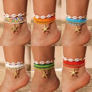 Wholesale Cross-Border Bohemian Resort Style Acrylic Shell Braided Anklets Seven Pieces of Beach Style Resin Starfish Anklets