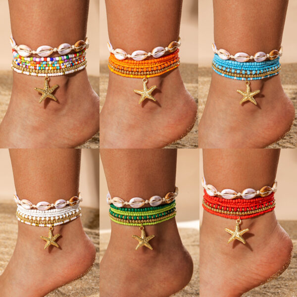 Wholesale Cross-Border Bohemian Resort Style Acrylic Shell Braided Anklets Seven Pieces of Beach Style Resin Starfish Anklets