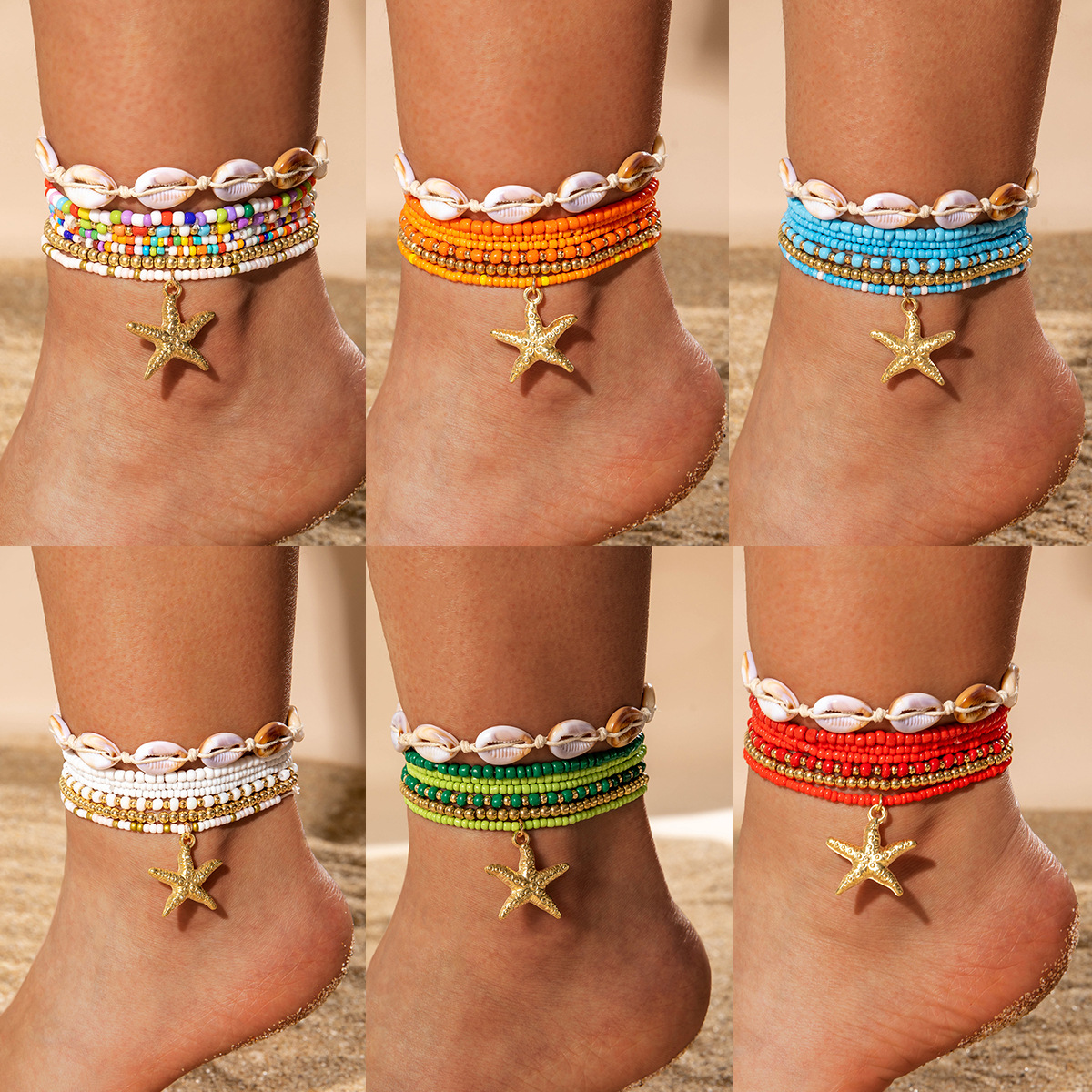 Wholesale Cross-Border Bohemian Resort Style Acrylic Shell Braided Anklets Sn Pieces of Beach Style Resin Starfish Anklets