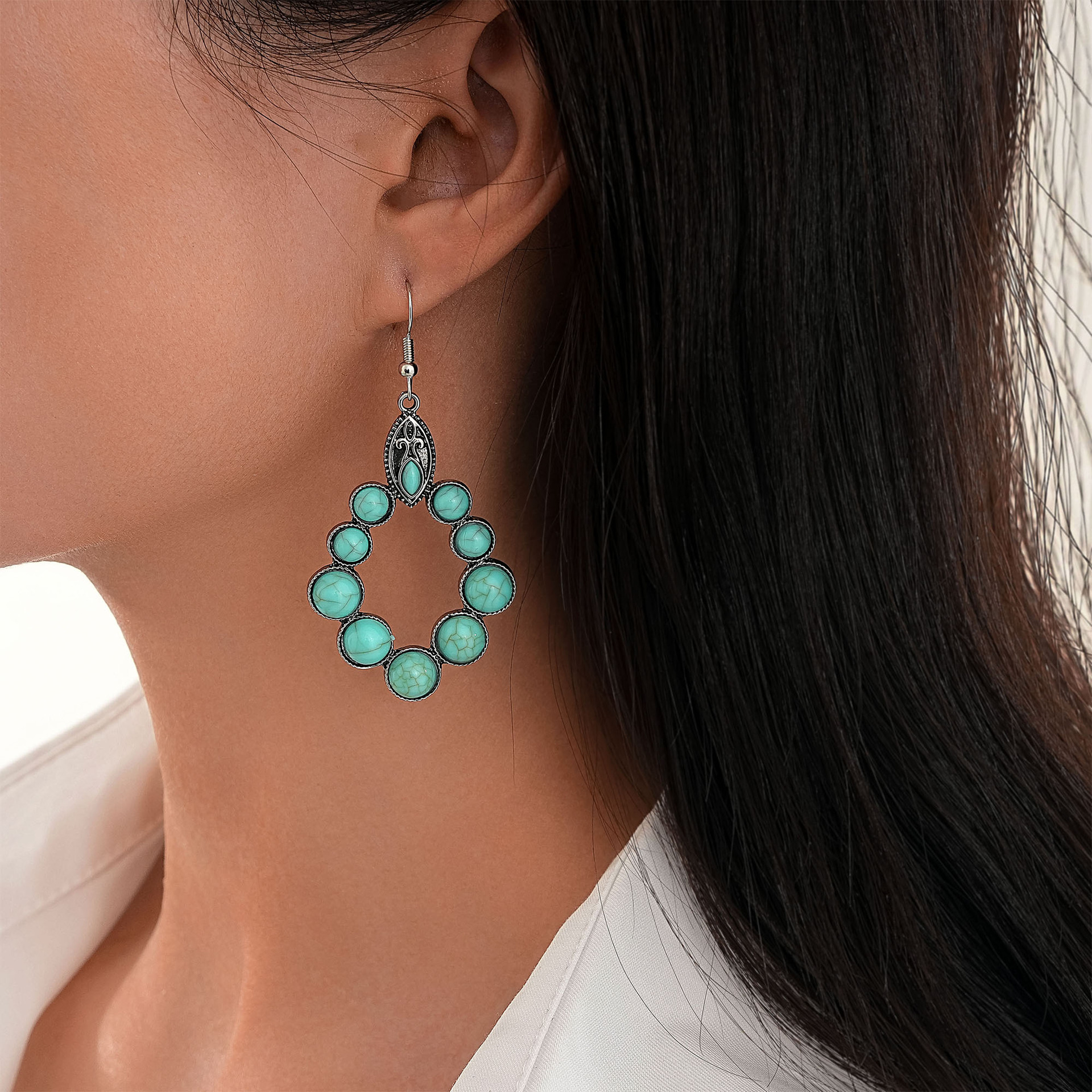 Wholesale European and American New Retro Earrings Bohemian Turquoise op-Shaped Cut Out Earrings Earrings Factory Direct Sale
