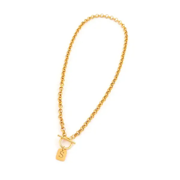 Wholesale Fashion Commuter All-Match Rectangular Hollow Initial Letter Pendant OT Buckle 201 Stainless Steel Bracelet Women's Necklace Plated 18K Real Gold