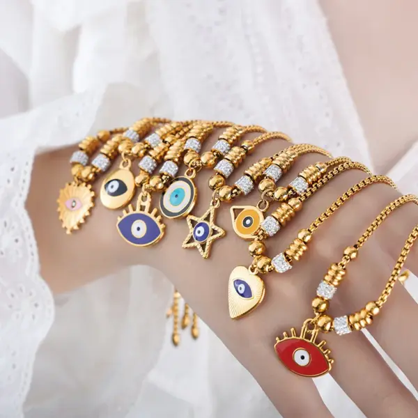 Wholesale 304 Stainless Steel Heart Shape Eye PVD Coated Zircon 18K Gold Plated Real Gold Plated Luxurious Tropical Shiny Waterproof Non Tarnish Enamel Plating Bracelets Drawstring Bracelets