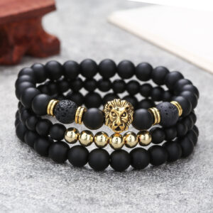 Wholesale Cross-border New 6/8mm Black Frosted Volcanic Stone Beaded Bracelet Set Combination Lion Head Elastic Bracelet Bracelet