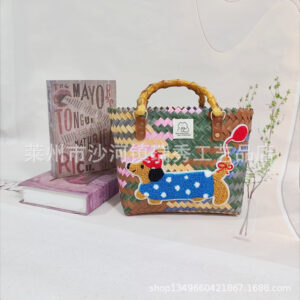 Gray color bamboo handle basket with balloon dachshund