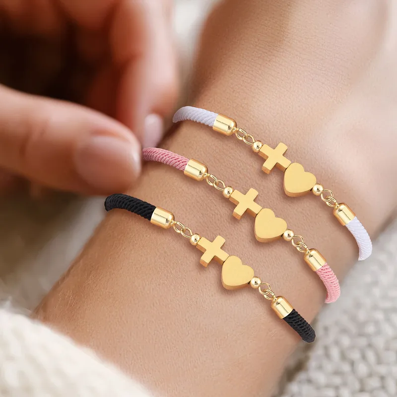 Wholesale PVD Coated Real Gold Plated Cross Heart Shape 304 Stainless Steel Nylon Elegant Simple Style Classic Style Waterproof Non Tarnish Nylon Brac
