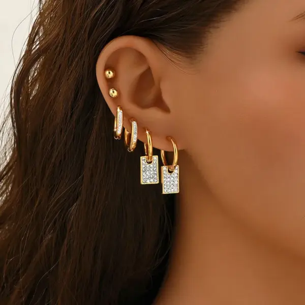 Wholesale Three Pairs Fashion 304 Stainless Steel Geometric Heart Flower Rectangle Three-Dimensional Hoop Earrings Set For Women Daily 18K Gold Plated