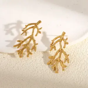 Coral Stud Earrings-Gold