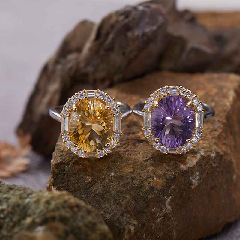 Wholesale S925 sterling sier natural yellow amethyst color treasure ring high jewelry small large carat food finger ring live