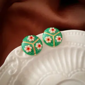 Silver Needle Green. round Enamel Earrings