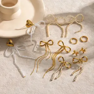 Wholesale 304 Stainless Steel Tassel Bow Knot PVD Coated Rhinestones 18K Real Gold Plated Real Gold Plated 18K Gold Vacation Simple Style IG Style Waterproof Non Tarnish Inlay Gold Drop Earrings