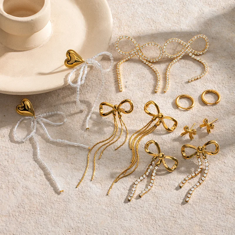Wholesale 304 Stainless Steel Tassel Bow Knot PVD Coated Rhinestones 18K Real Gold Plated Real Gold Plated 18K Gold Vacation Simple Style IG Style Wat