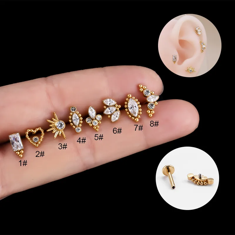 Wholesale 1 Piece Ear Cartilage Rings & Studs Simple Style Heart Shape Crown Eye Pure Titanium Inlaid Zircon