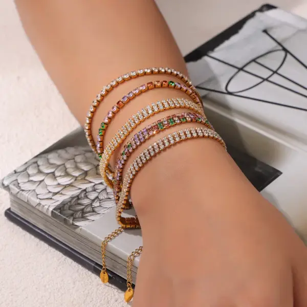 Wholesale 304 Stainless Steel Quadrilateral Round PVD Coated Zircon Real Gold Plated Elegant Simple Style Waterproof Non Tarnish Plating Inlay Tennis Chain Lobster Trigger Clasp Closure Bracelets