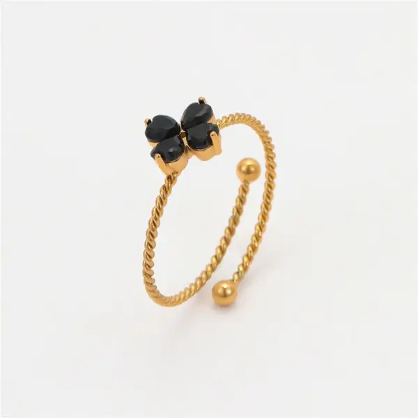 Wholesale PVD Coated Real Gold Plated Four Leaf Clover 304 Stainless Steel Basic Retro Modern Style Waterproof Non Tarnish Adjustable Ring