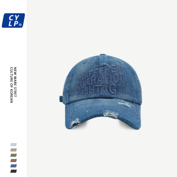 Wholesale American-style letter embroidered baseball cap men's and women's same Style Street heavy work washed denim ripped peaked cap makes face look small