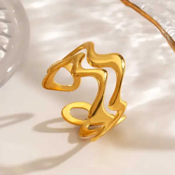 Ion Plating (IP) 18K Gold Plated Waves Lines 304 Stainless Steel Simple Style Waterproof Non Tarnish Open Rings