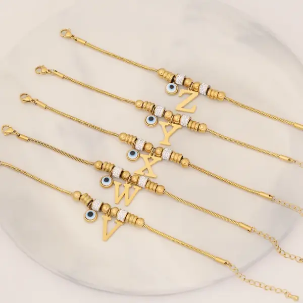 Wholesale 304 Stainless Steel Copper 18K Gold Plated Retro Commute Inlay Letter Eye Rhinestones Bracelets