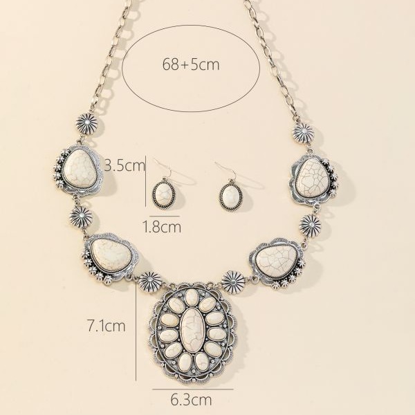 Wholesale Cross-Border Retro Left and Right Special-Shaped Necklace Turquoise Earrings Western Style Exaggerated Turquoise Necklace Earrings Jewelry Set