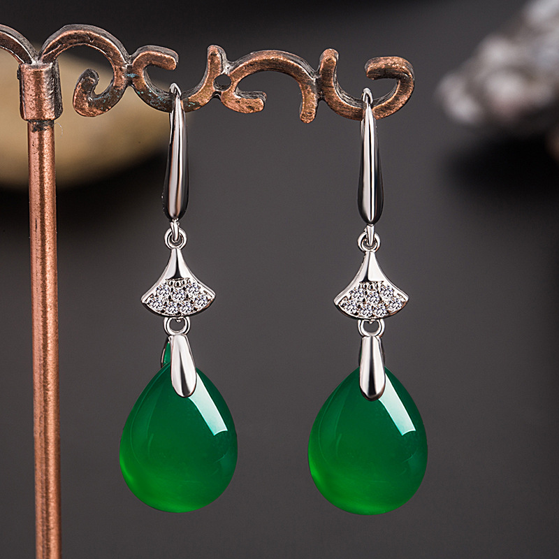 Wholesale Ethnic-style op-shaped Green Agate Earrings Women's Micro-Diamond Long Green Chalcedony Ear Hook Earrings for Mother Jewelry