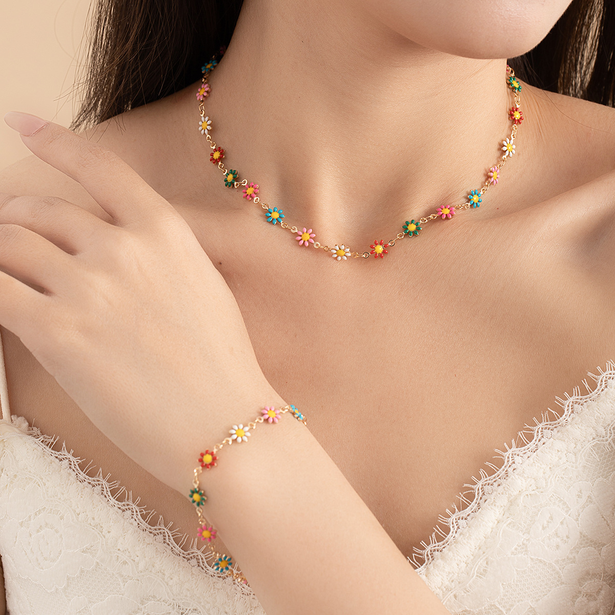 Wholesale Dopamine Small Fresh Color Flower Necklace Simple Mori Butterfly Bracelet Necklace Two-Piece Set for Women