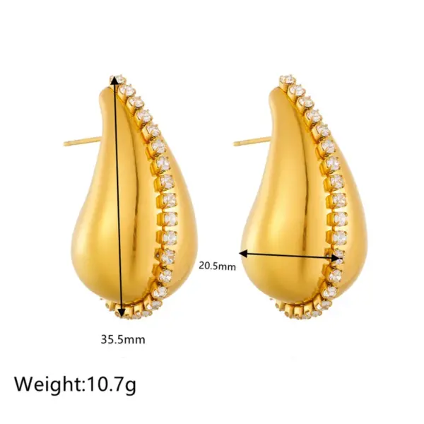 Wholesale 304 Stainless Steel C Shape Water Droplets PVD Coated Artificial Diamond 18K Real Gold Plated 18K Gold Vintage Style Waterproof Non Tarnish Plating Inlay Ear Studs