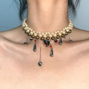 Pearl love tassel water drop double layer necklace dx0379