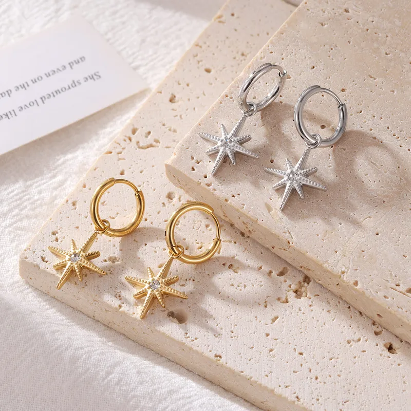 Wholesale Ion Plating (IP) 16K Gold Real Gold Plated Eight Awn Star 304 Stainless Steel Elegant Classic Style Waterproof Non Tarnish op Earrings