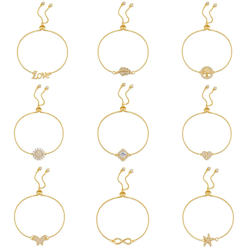 Wholesale Copper 18K Gold Plated Inlay Leaves Heart Shape Flower Zircon Bracelets
