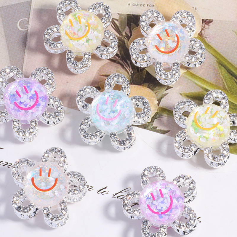 Wholesale 3D smiley face flower full of rhinestone crystal ball straight hole loose bead DIY mobile phone chain key chain bag chain jewelry aessories