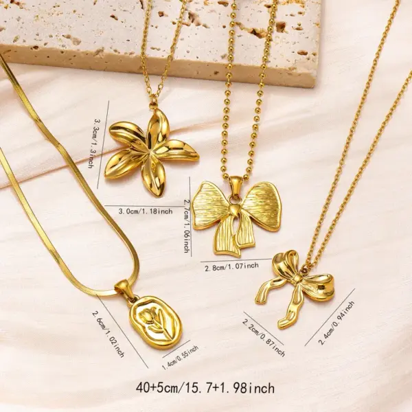 Wholesale Jewelry Luxurious Queen Classic Style Flower Bow Knot 304 Stainless Steel Ball Chain Cable Chain Snake Chain Pendant Necklace