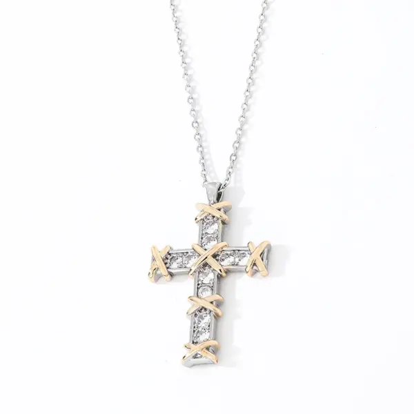 Wholesale Casual Cross 304 Stainless Steel Copper Inlay Gold Plated Silver Plated Zircon Pendant Necklace