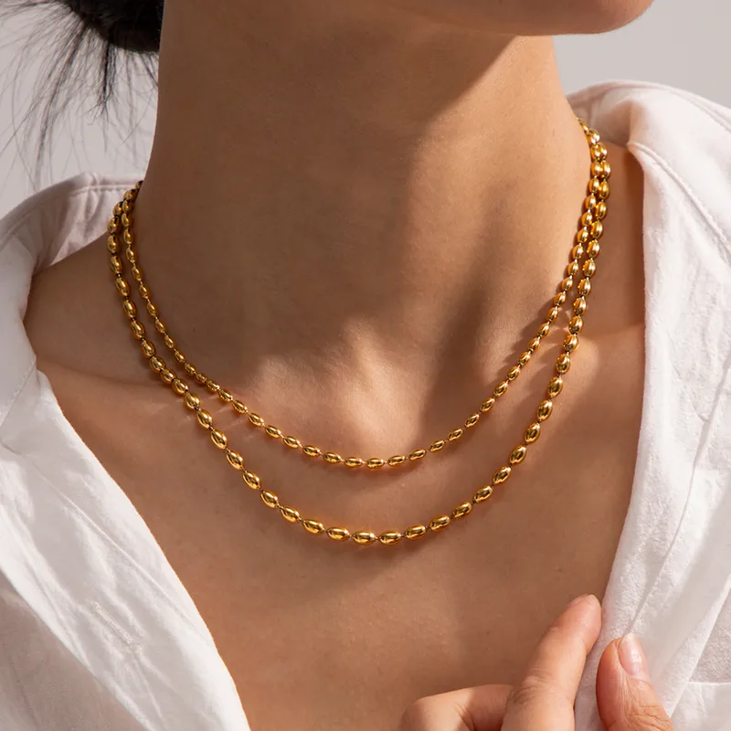 Wholesale 304 Stainless Steel Solid Color PVD Coated 18K Gold Plated IG Style Plating Double Layer Necklaces