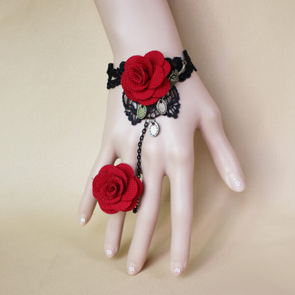 Wholesale Retro Gothic Punk Bracelet Lace Rose Bracelet with Ring Fashionable Burgundy Flower Lace Bracelet