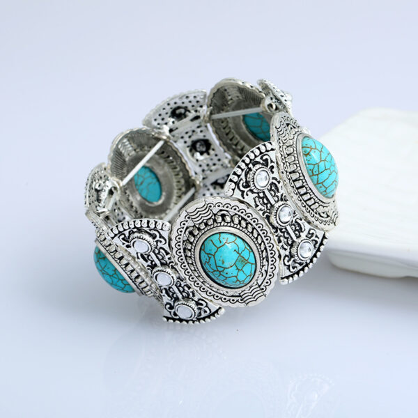 Wholesale European and American Ethnic Style Nepalese Bracelet Silver-Plated Diamond Turquoise Bracelet Retro Exaggerated Jewelry
