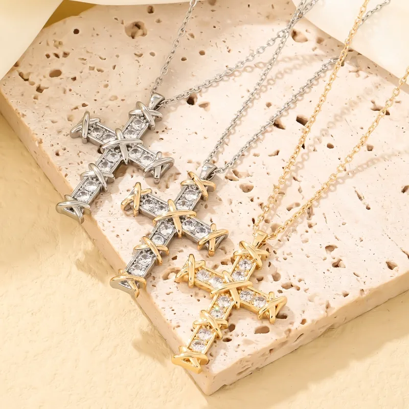 Wholesale Casual Cross 304 Stainless Steel Copper Inlay Gold Plated Silver Plated Zircon Pendant Necklace