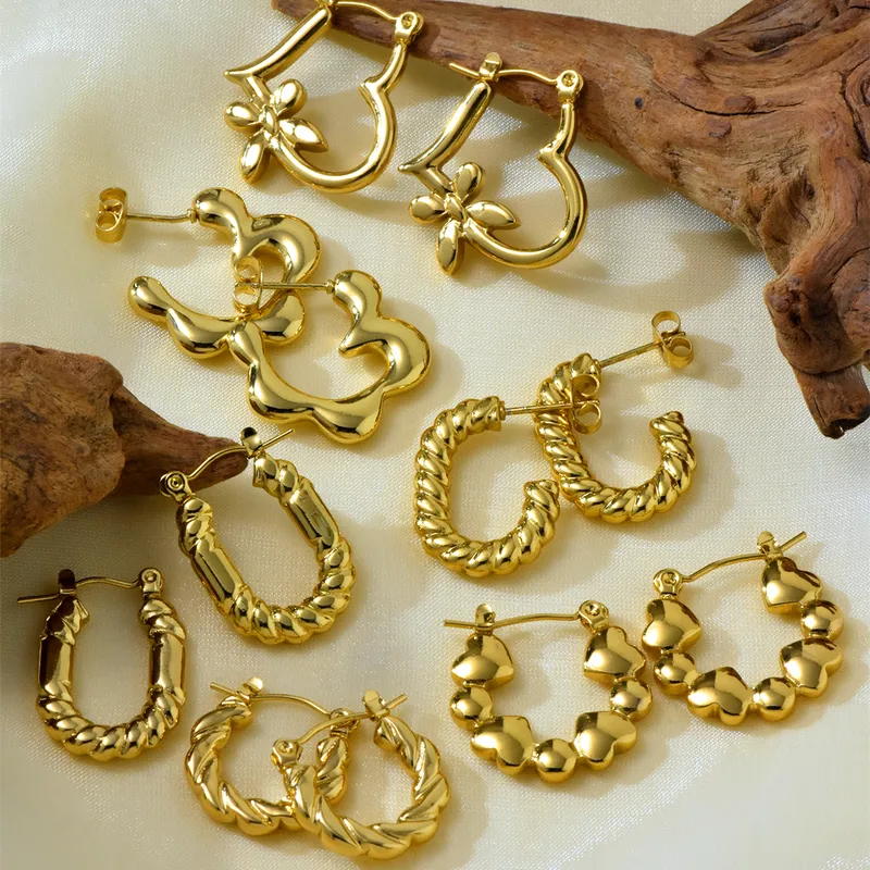 Wholesale 304 Stainless Steel Irregular Electroplating Stone-Free 18K Gold Golden Plated Elegant Simple Style Asymmetrical Gold Hoop Earrings
