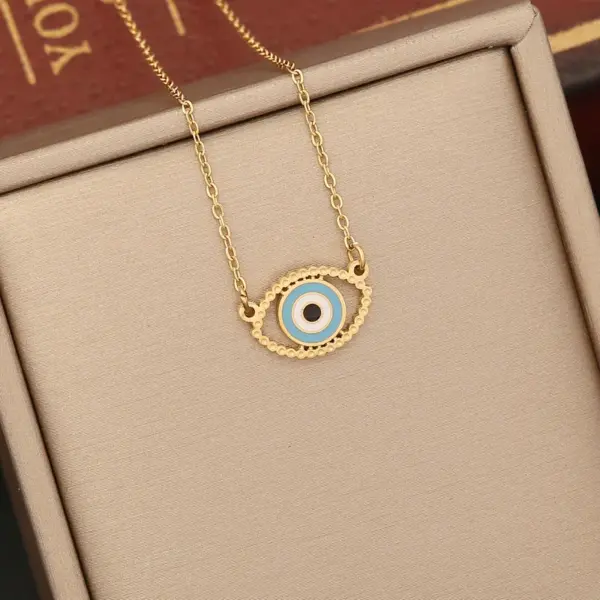 Wholesale 1 Piece Fashion Devil's Eye Stainless Steel Enamel Hollow Out Inlay Zircon Pendant Necklace