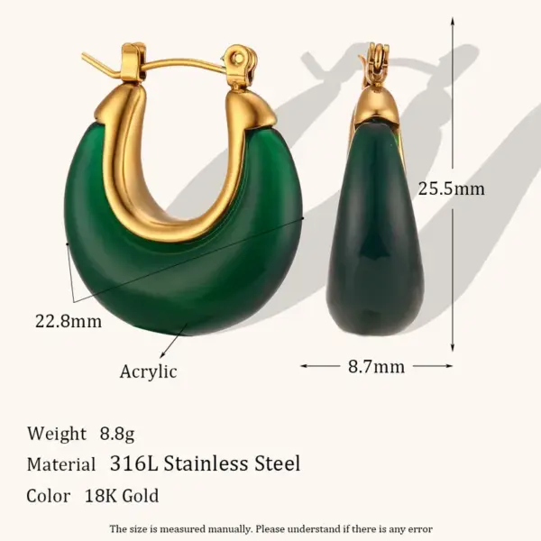 Wholesale PVD Coated Real Gold Plated U Shape Stainless Steel Arylic Retro Waterproof Non Tarnish Earrings